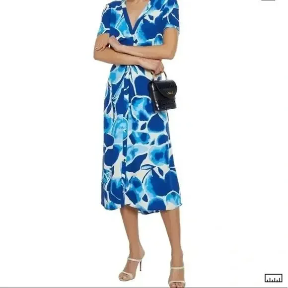 DIANE VON FURSTENBERG Milo Cecilia Crepe Midi Shirt Dress Blue White V Neck M